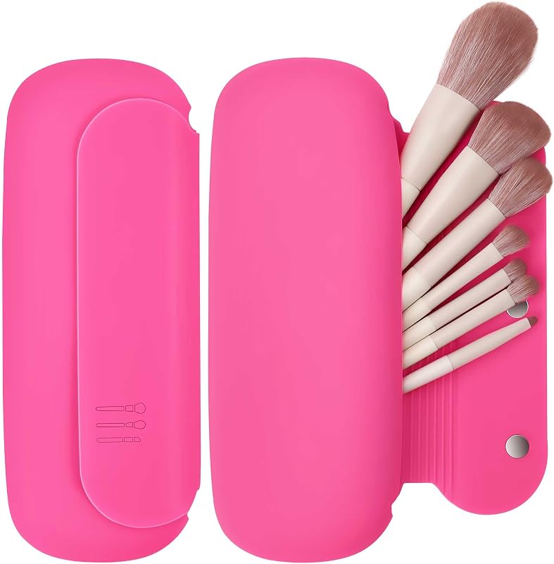 BAGCRAZY Necessaire de silicone para pincéis de maquiagem com fechamento magnético e limpador integrado, Rose Red