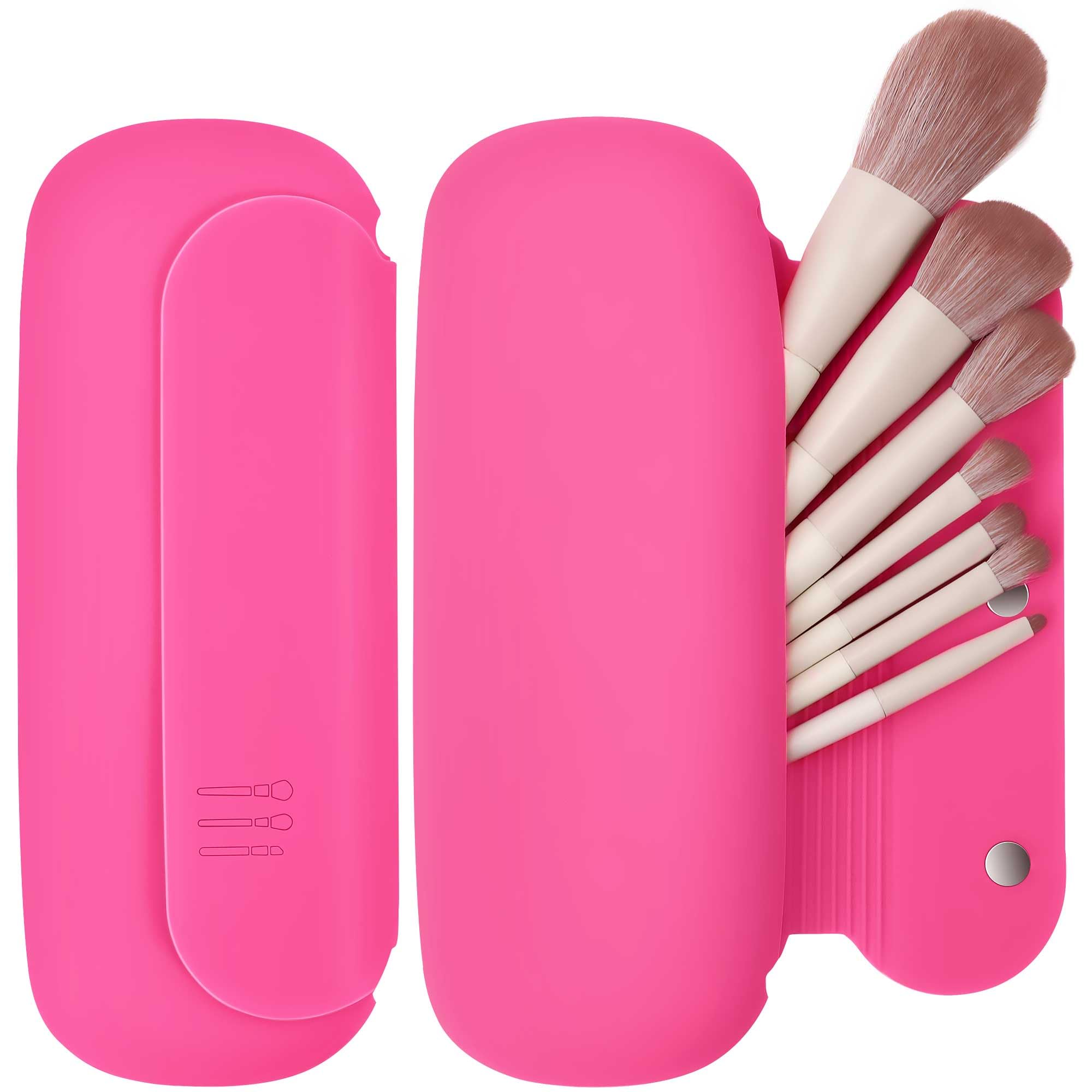 BAGCRAZY Silicone Travel Makeup Brush Holder for Women with Magnetic Closure and Built-in Brush Cleaner, Washable Cosmetic Organizer, Gift-Ready Pouch