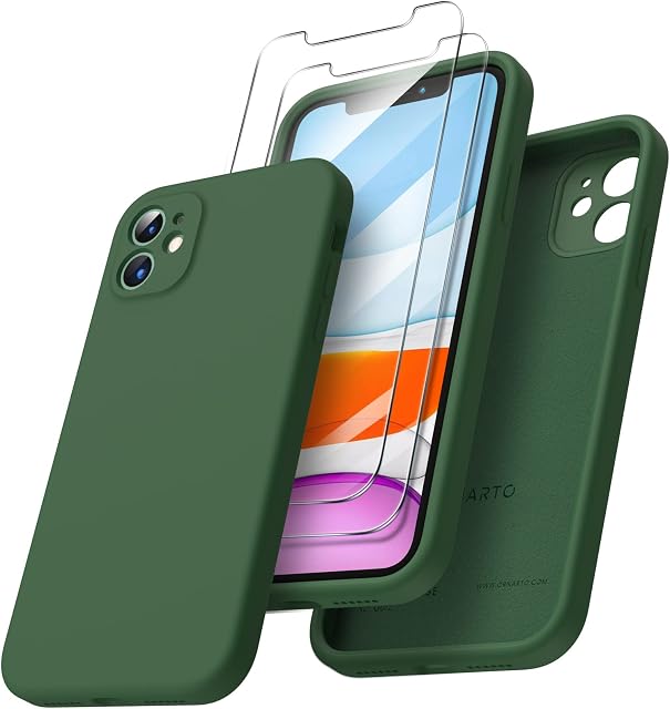 ORNARTO Compatible with iPhone 11 Case 6.1 inch, with 2 x Screen Protector Liquid Silicone Gel Rubber Cover [Square Edge] [Full Body] Shockproof Protective Phone Case for iPhone 11-Clover Green