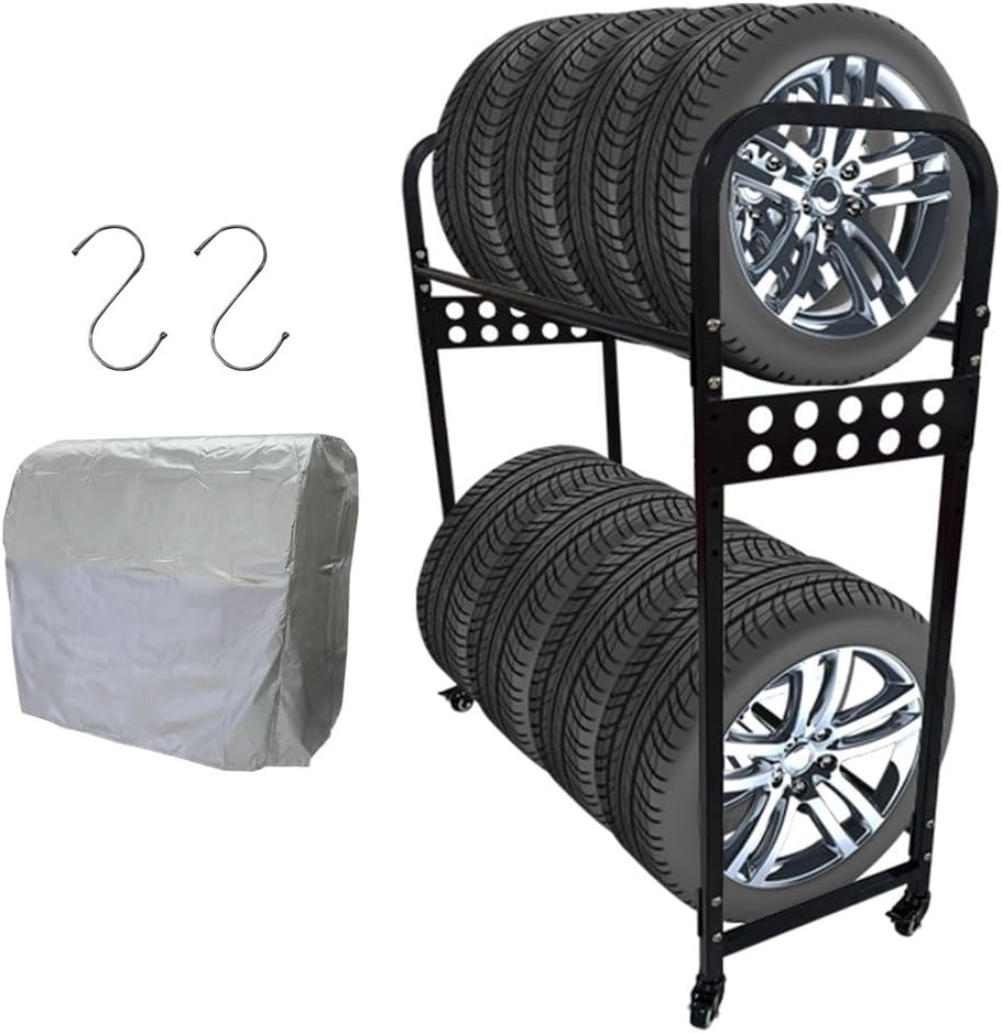 【車2台分のタイヤが、収納可能。】 タイヤラック タイヤスタンド カバー付き キャスター 2段式 8本タイヤ収納 タイヤカバー 保管