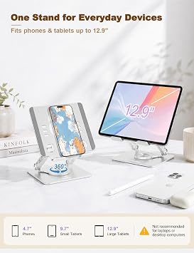 Aoviho Tablet Stand 360 Rotating Aluminum Holder, Adjustable, Portable and Foldable Monitors Stand for iPads, Compatible with 4-12.9 Tablets, Silver