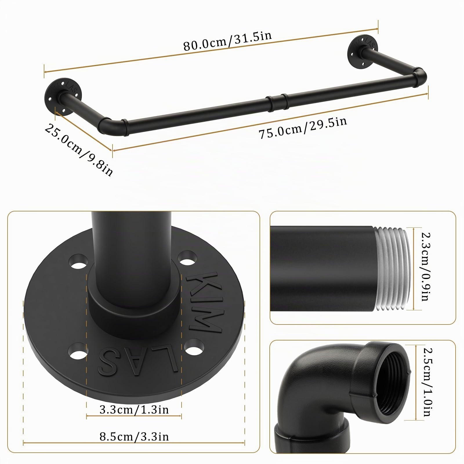 Yawinhe Perchero de Pared Industrial, 80cm, Barras de Suspensión para Ropa, Ahorro de Espacio, Desmontable, para Dormitorio, Sala de Estar, Negro, 2-Pack