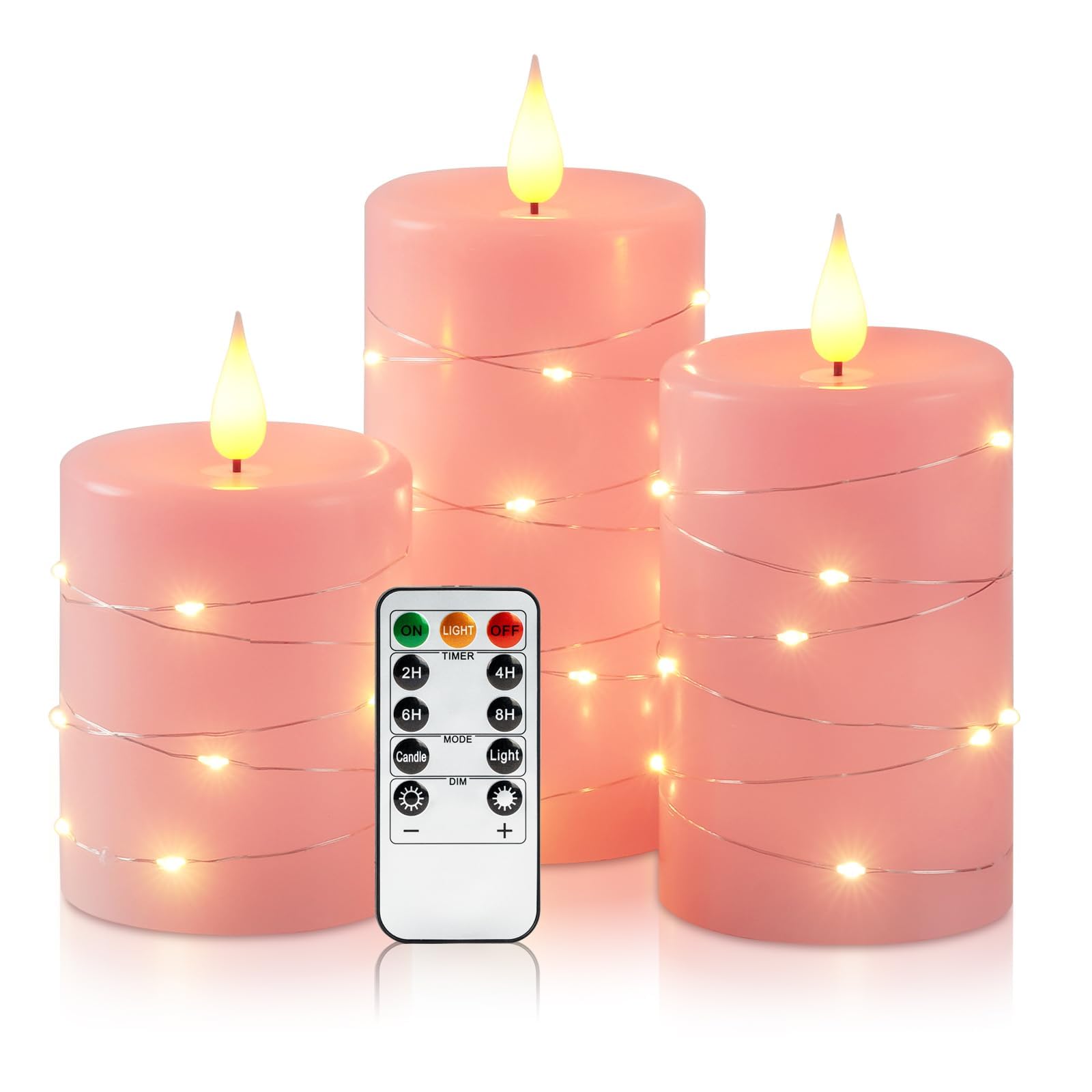Homemory Candele in vera cera senza fiamma, con luci a LED, finte candele elettriche con telecomando e timer, per decorazione domestica, rosa, set da 3