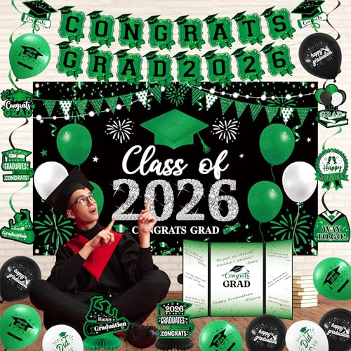Image of Vlipoeasn Green 2026 Graduation Party Decorations 2026 College /High School Graduation Decorations Party Supplies, Black and Green Class of 2026 Congrats Grad Backdrop Banner Signature Book