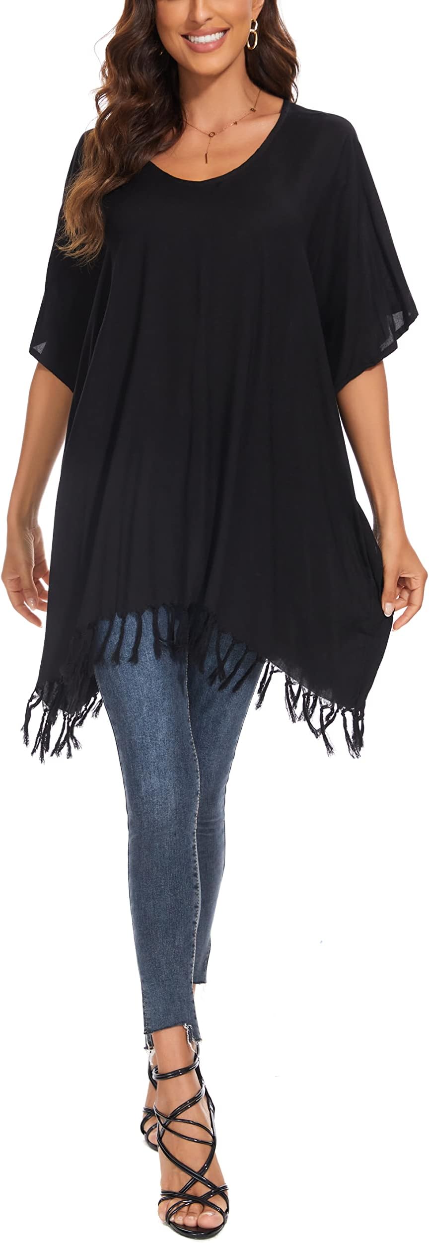 Women Solid Tunic Blouse Caftan Plus Size V Neck Loose Sleeve Top XL to 4X