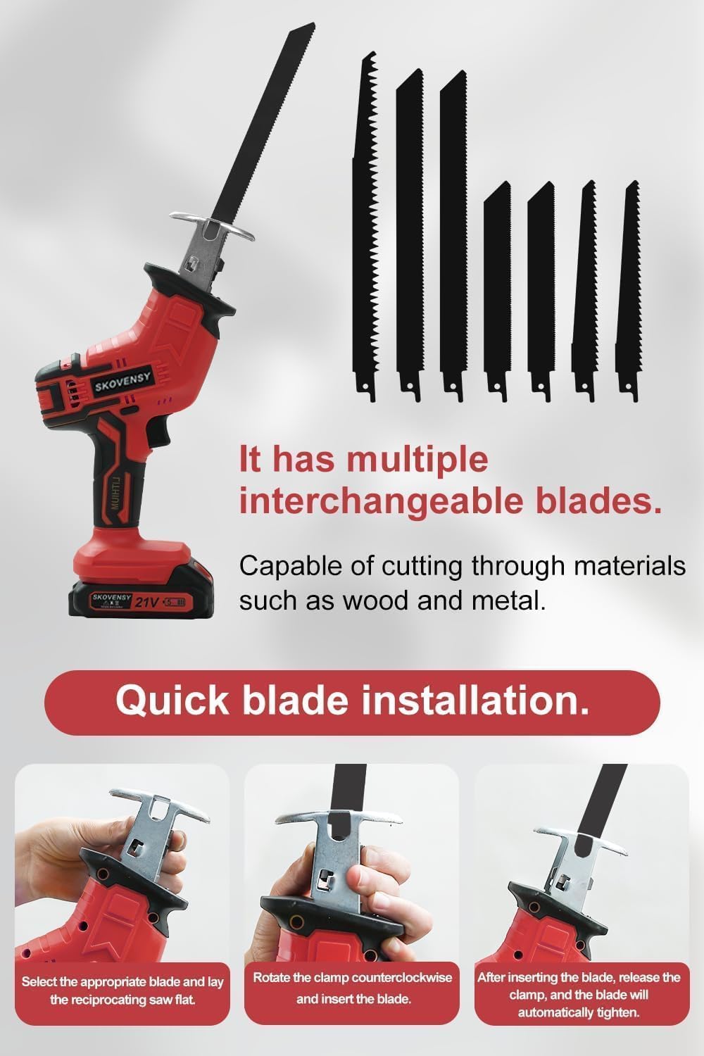 Cordless Reciprocating Saw for Home & Outdoor Use, 2×2.0Ah Batteries, Variable Speed, Red Compact Saw Kit with Blades for Wood/Metal/PVC Cutting – Ideal for DIYers & Gardeners in All Seasons