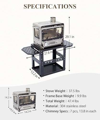 Miniatura 8 de TOMOUNT Estufa de tienda caliente,Estufa de leña con base de marco,con 7 tubos de chimenea,Acero inoxidable 304 con ventana de vidrio resistente al