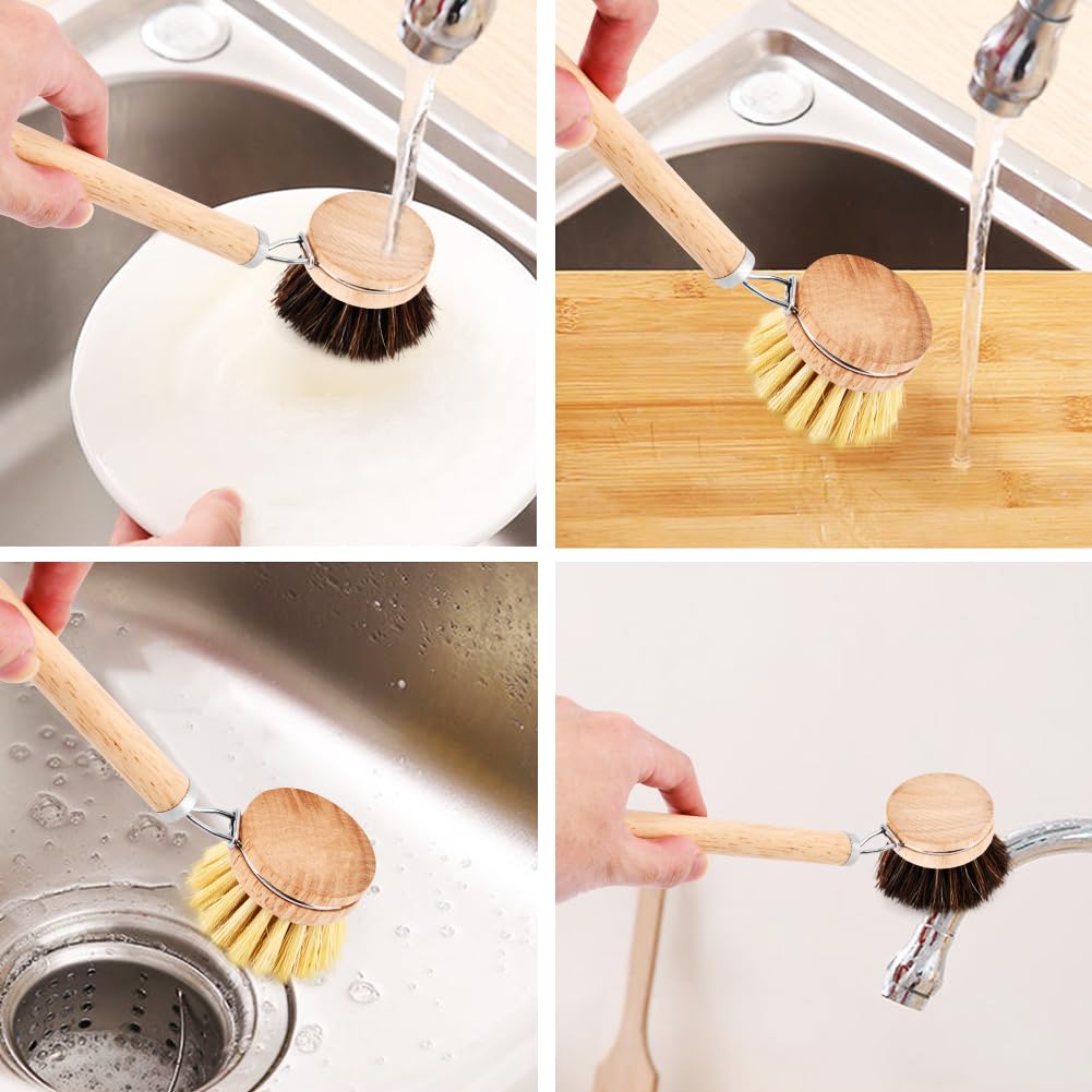 Juego de cepillos de bambú para platos, 1 mango de madera con 3 cabezales de cerdas naturales, cepillo multiusos de cocina con sisal y crin de caballo de palma para limpiar platos, sartenes y verduras
