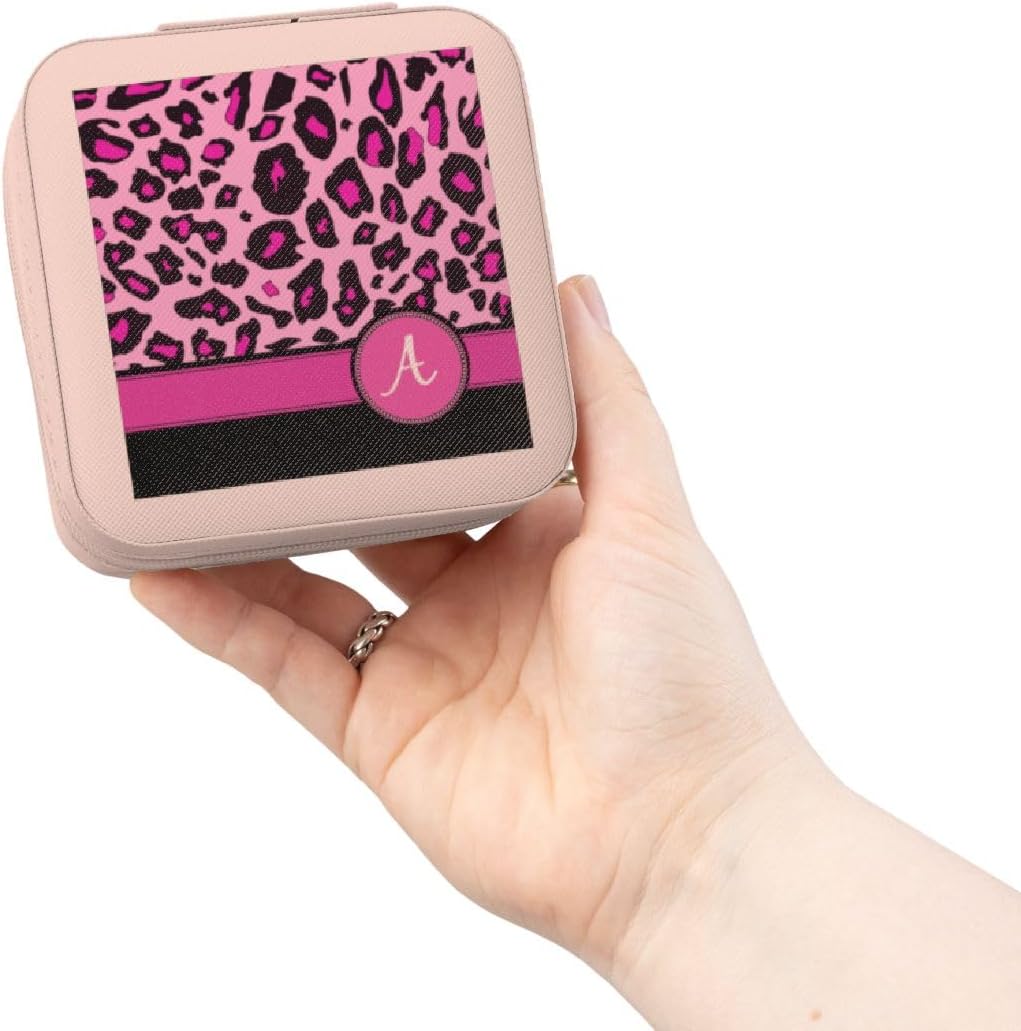 3dRose Personalized initial A monogrammed hot pink and black leopard pattern animal print - personal letter Jewelry Travel Case Pink