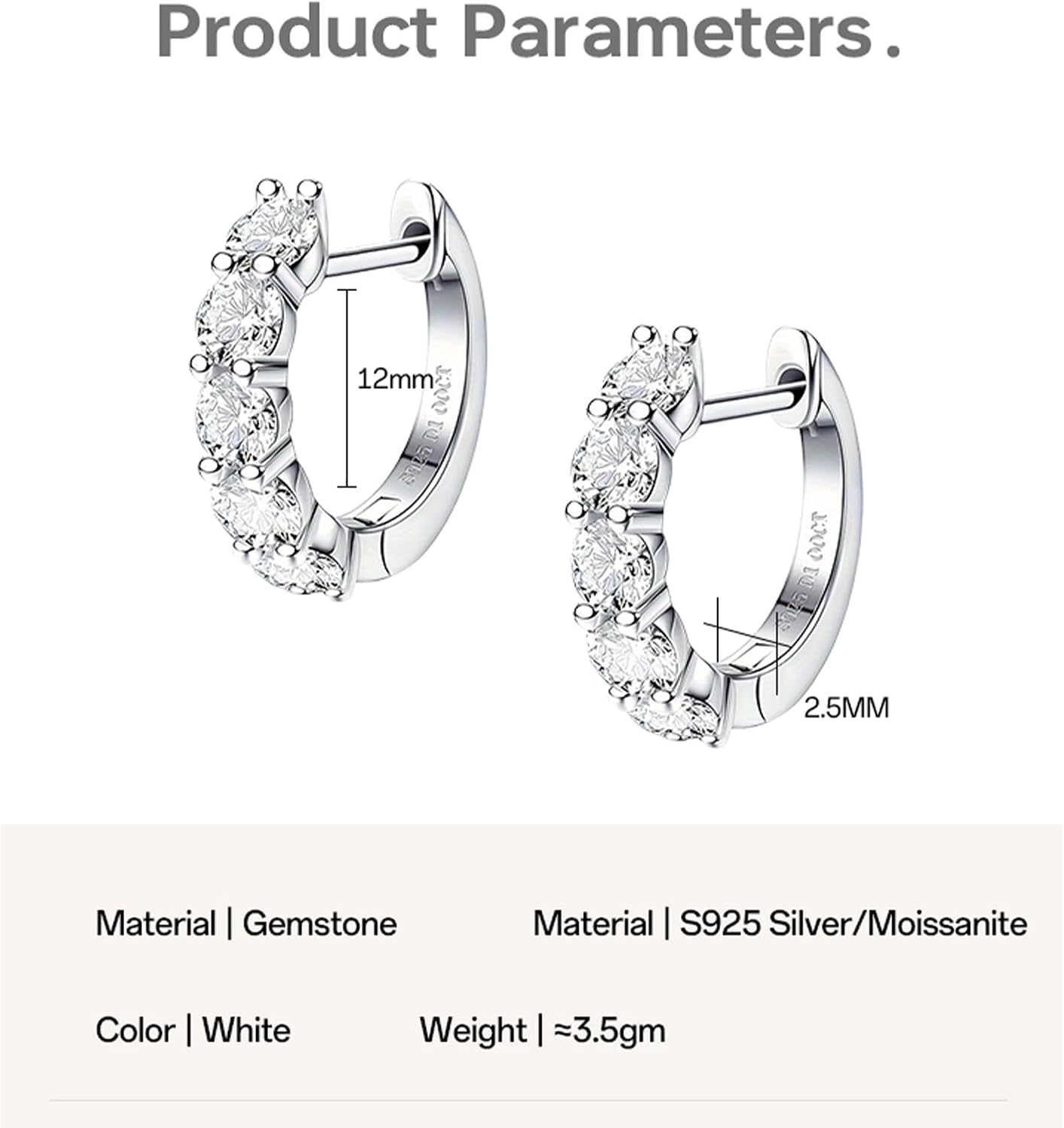 Moissanite Hoop Earrings Huggie Hoops Earrings for Women, 2ct D Color VVS1 18K White Gold Plated S925 Hypoallergenic, Wedding Earrings Jewelry for Gifts
