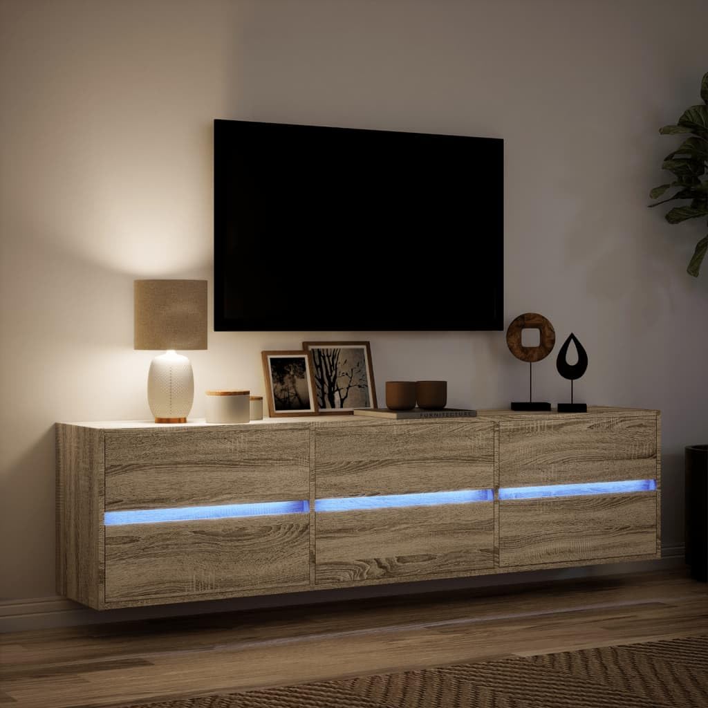 Ścienna szafka pod TV z LED dąb sonoma 180x31x45 cm meble wiszące do salonu z oświetleniem RGB przechowywanie mediów regulowany montaż ścienny