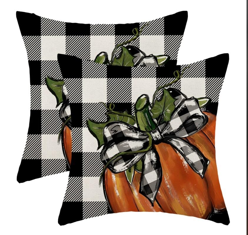 CXMEIFLY Fall Pillow Covers 18 x 18 Inch Set of 2 Buffalo Pliad Burnt Orange Pumpkin Decor Throw