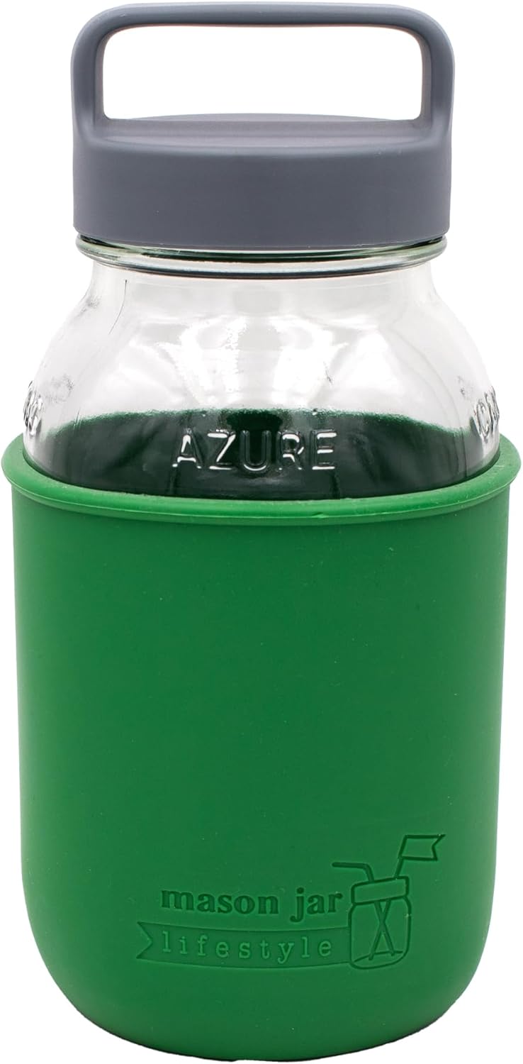Regular Mouth Mason Jar Water Bottle Set - 32oz Azure Glass Jar with Silicone Sleeve and Gray Plastic Handle/Canister Lid (Leaf Green)