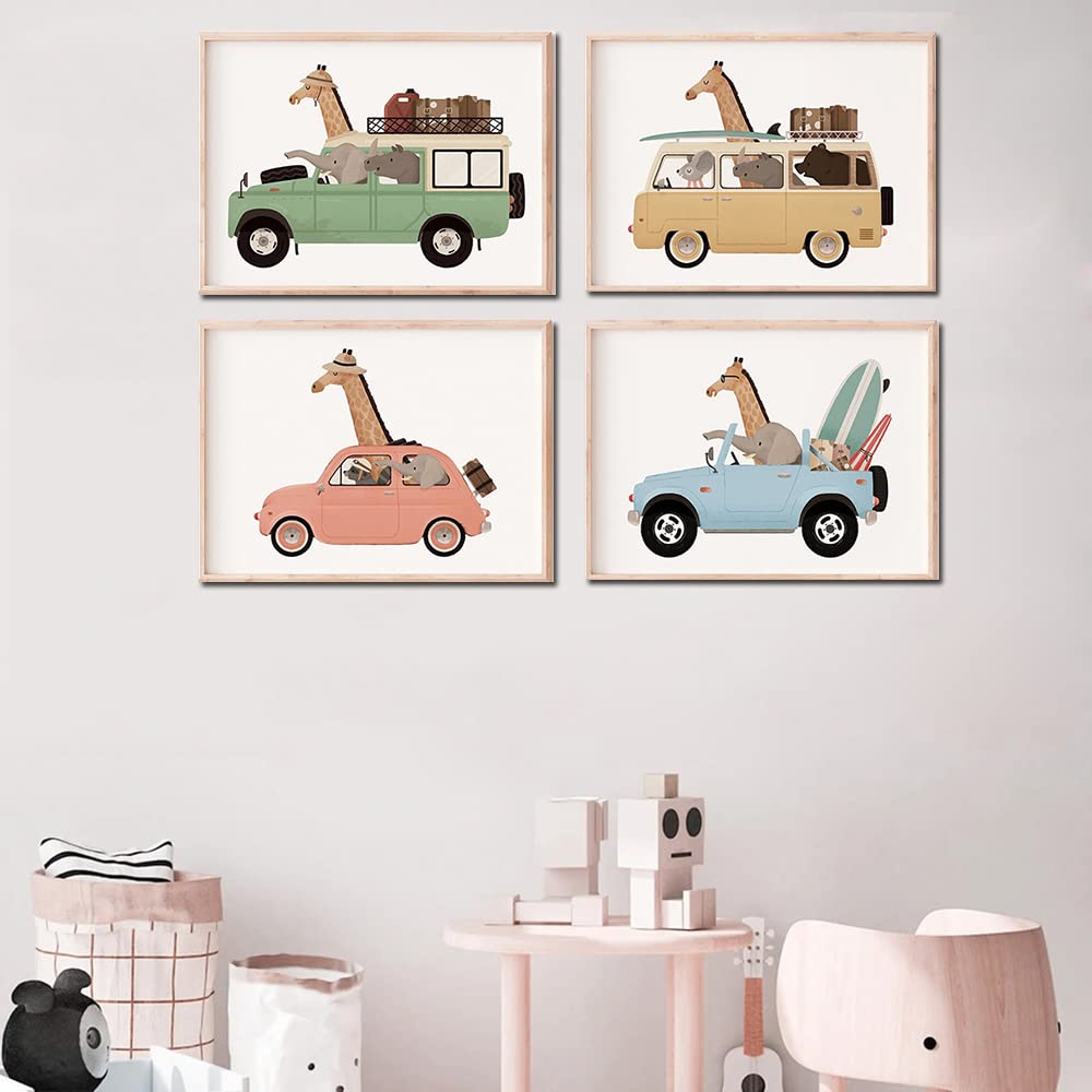 Youihom 4 Laminas Decorativas Pared Niños Automobile Cuadro Animales Habitacion Infantil Lienzo Dormitorio Niña Poster Pared Bebe Cuadros Infantiles 21 x 30 cm sin Marco