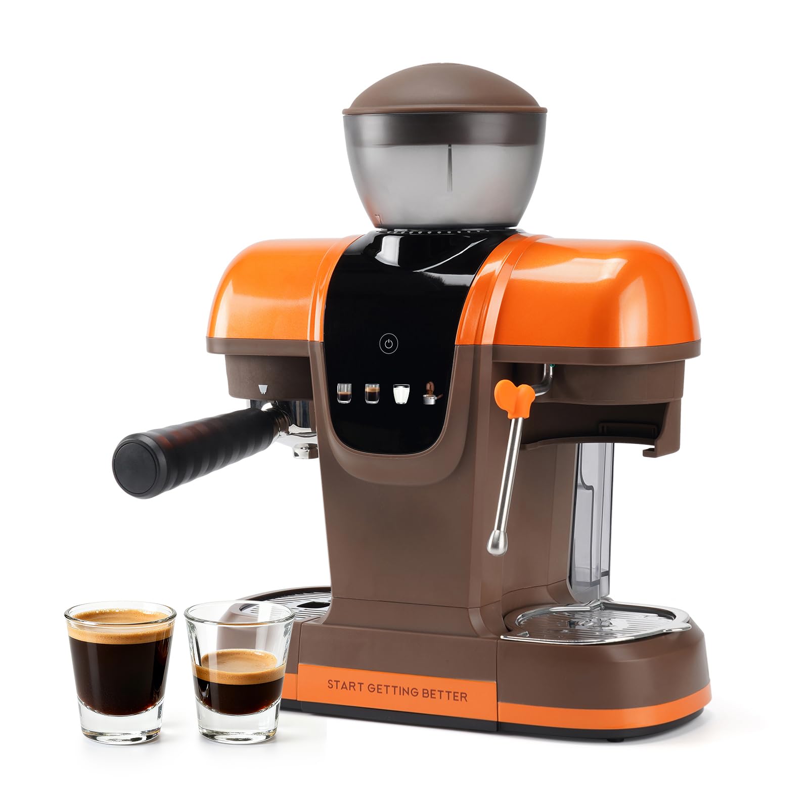 Cafetera expreso con molinillo, 20 bares, 20 grados de molienda, pantalla táctil, espumador de leche, recipiente de granos de 220 g, depósito de agua de 800 ml, filtro de café y café expreso