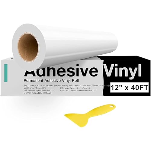 HTVRONT White Permanent Vinyl, 12" x 40 FT White Adhesive Vinyl Roll Compatible with Cricut Cutting Machine, Silhouette, Cameo Cutters, Signs, Scrapbooking, Craft, Die Cutters (Glossy White)
