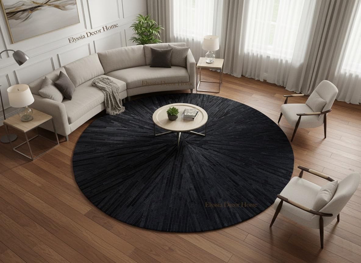 ELYSSIA DECOR HOME Premium Cowhide Leather Hand Made Stripes Patterned Round Area Rug - 8X8 ft - Black, Premium Hand Made House Carpet for Living Room