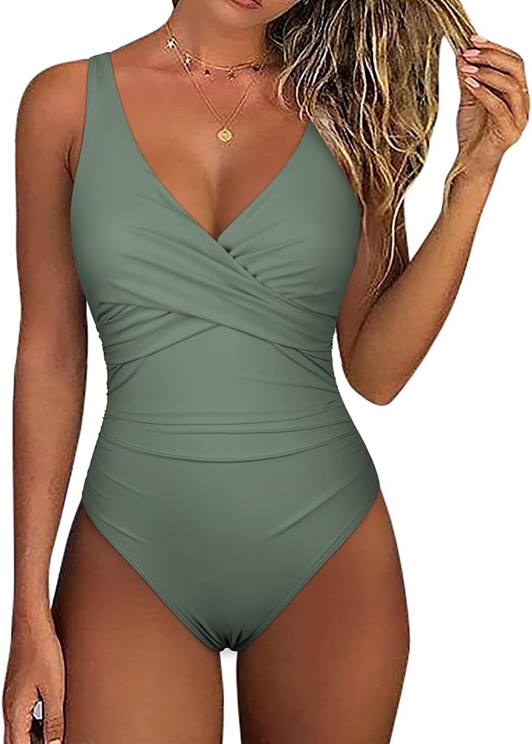 Firpearl Underwire One Piece Swimsuits for Women Twist V Neck Swimwear Ruched Tummy Control Bathing Suits