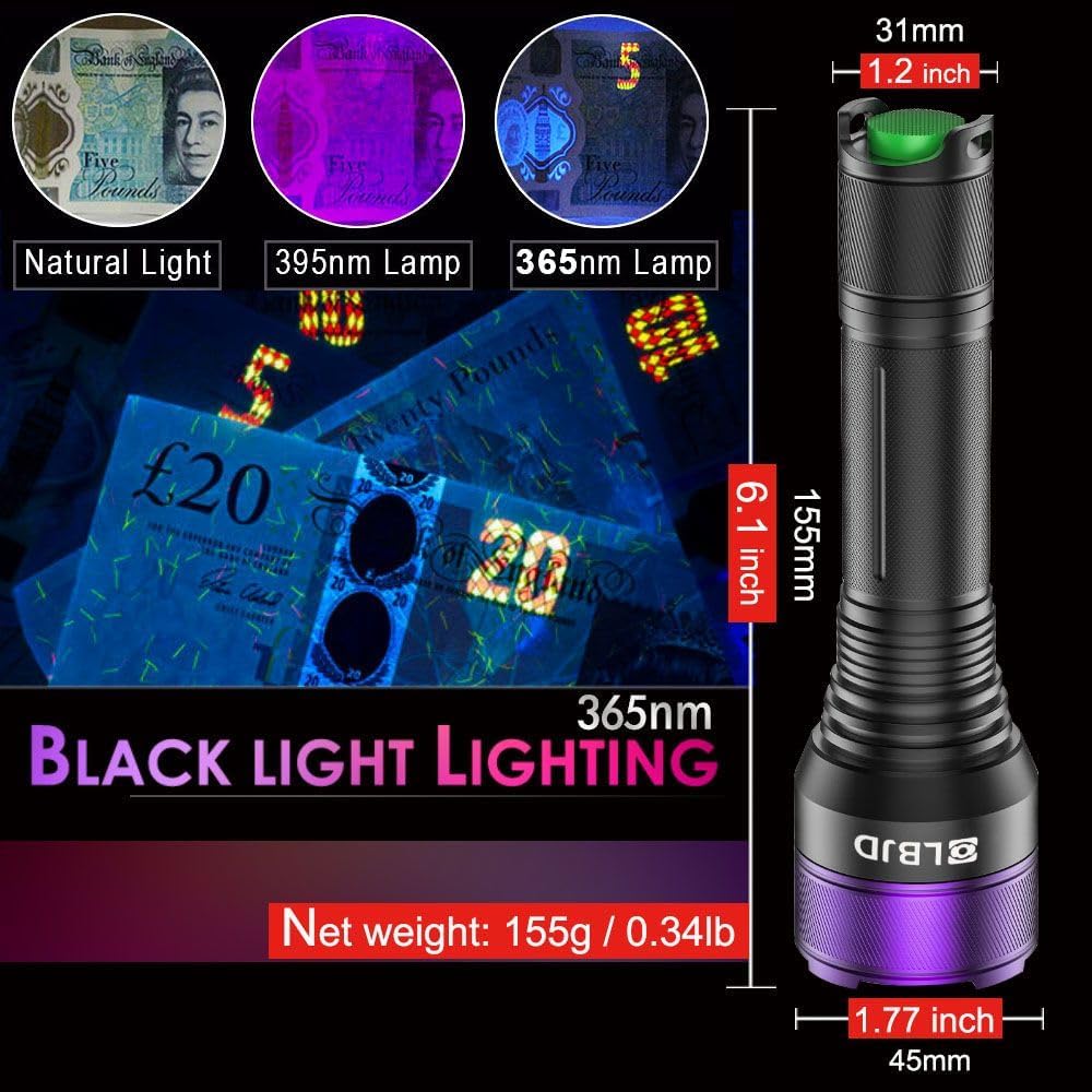 365NM UV Blacklight Flashlight, Professional 4-Core High-Intensity Filtered LED, High Capacity of Battery, Ultra-Long Range Beam for Yooperlite Hunting, Scorpions, Pet Urine, Resins, Counterfeit Money