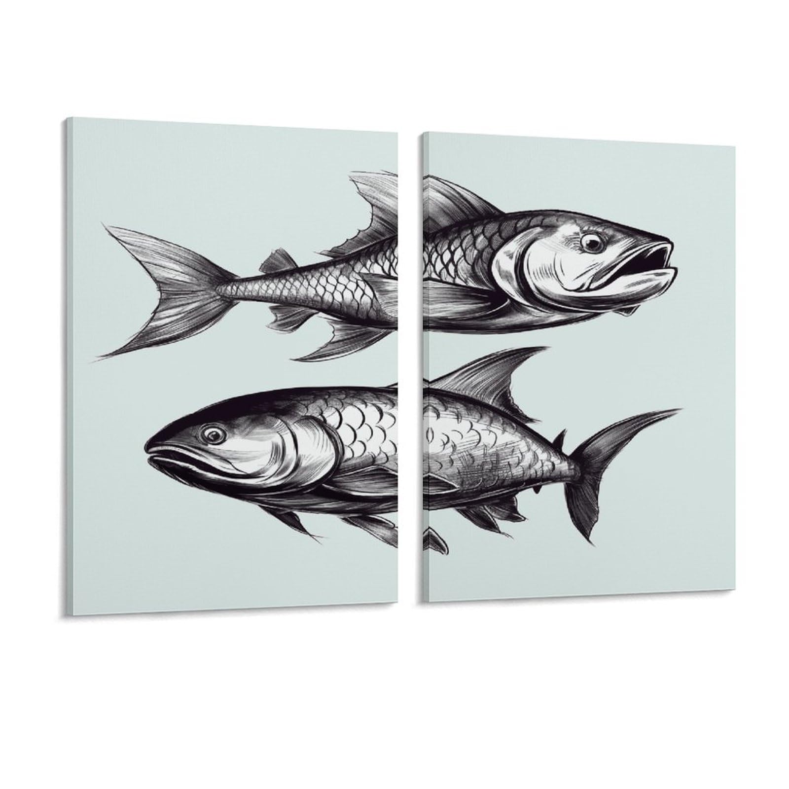 Adfgyerh Style Sketch Fish Wall Art，Canvas Material Bright /Wall Decor Of 2, Each 16X12 Inch -Wall Art Set For Living Room Bedroom Gallery Office Home Décor
