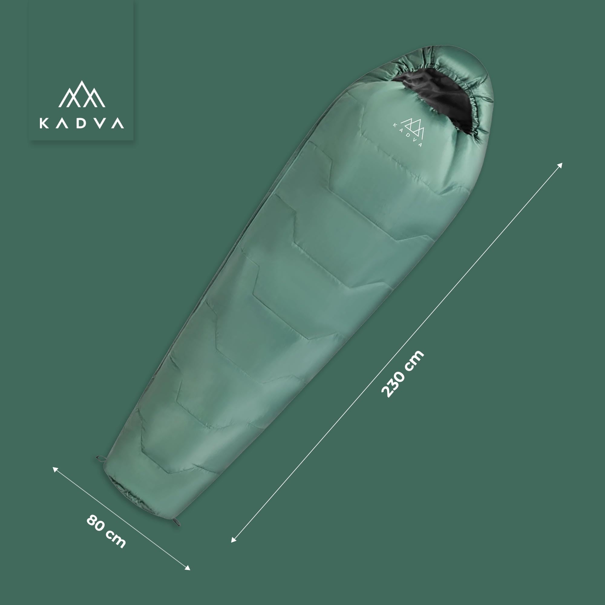 KADVA Śpiwór kempingowy Mumio L 230 x 80 cm, śpiwór zimowy z kapturem, komfortowa temperatura 4 stopni, idealny na zimę, wysoka akumulacja ciepła, technologia RipStop