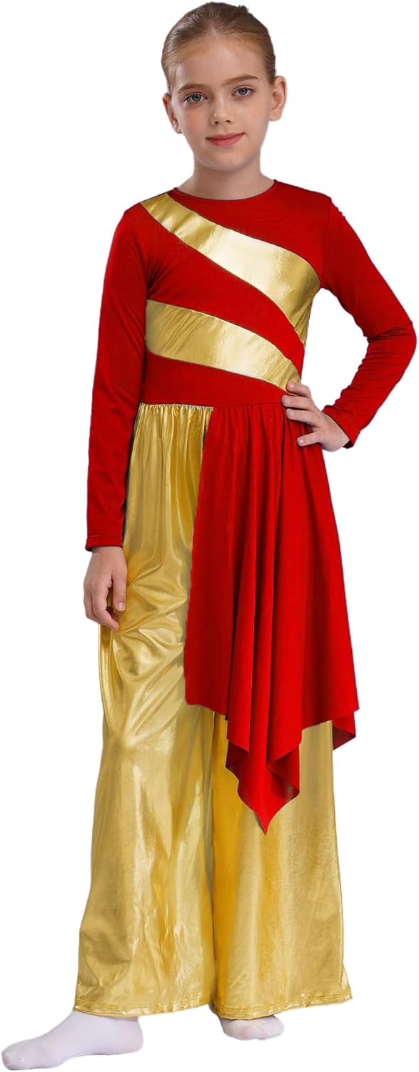 Hansber Kids Girls Church Praise Dance Dress Irregular Color Block Robe Liturgical Metallic Choir Dress