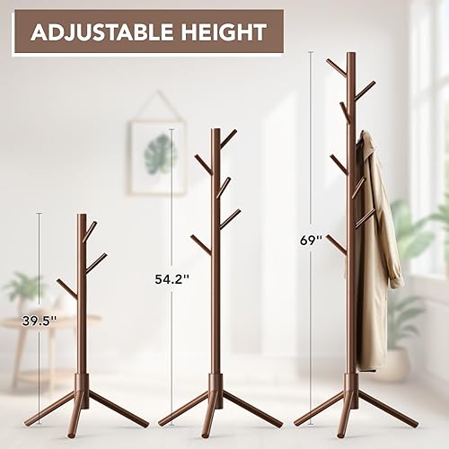 Miniatura 3 de Hupmad Wooden Tree Coat Rack Stand,Sturdy Freestanding Coat Rack with 8 Hooks,3 Adjustable Height for Child Adult,Wood Coat Stand Tree with