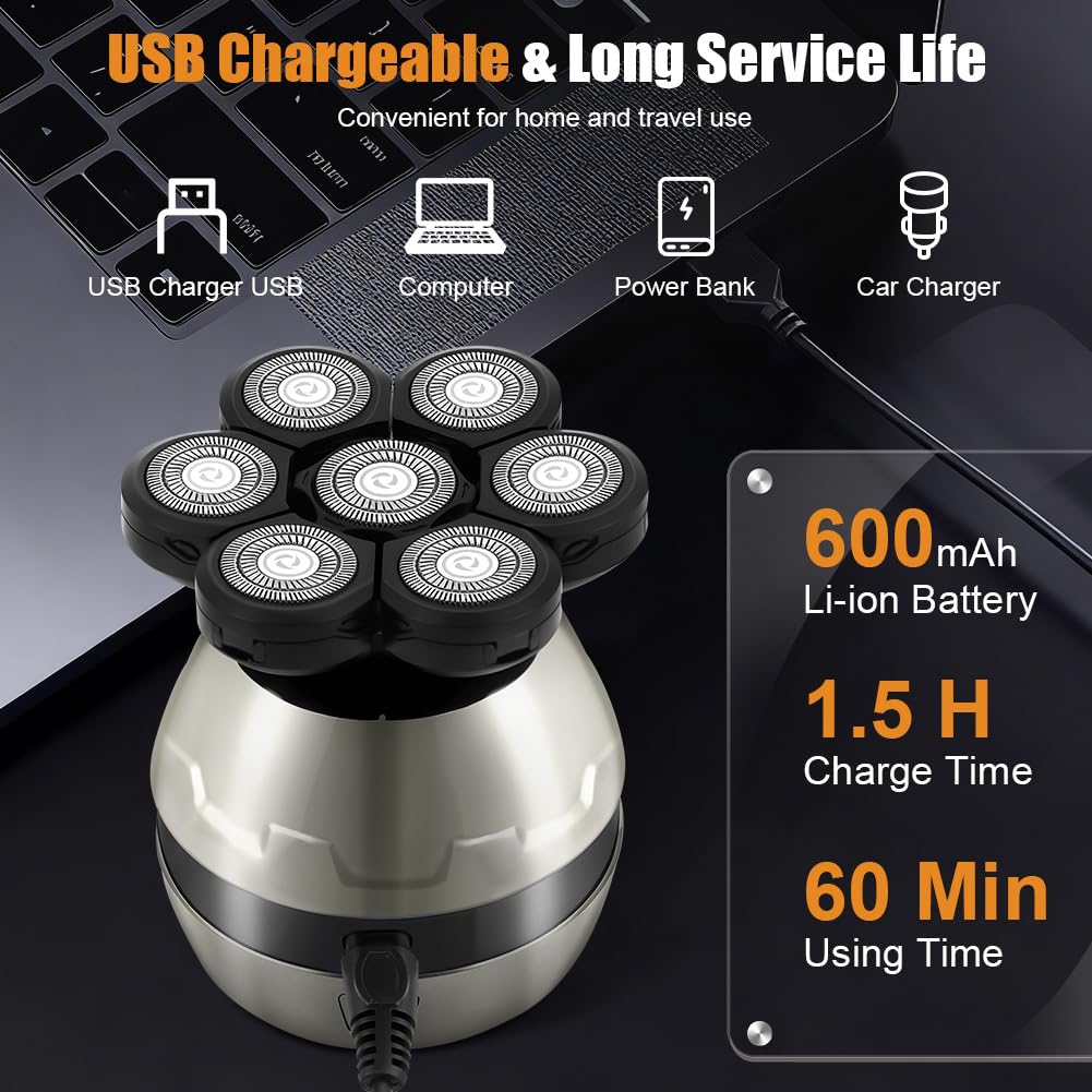 LOPHE Afeitadora Cabeza Hombre, 4D Maquina Afeitar Hombre Calvo, Afeitadora Electrica Cabeza para Calva Facial Barba, 7 Cabezales y Pantalla LED, IPX6 Impermeable en Seco y Húmedo Recargable (8 en 1)