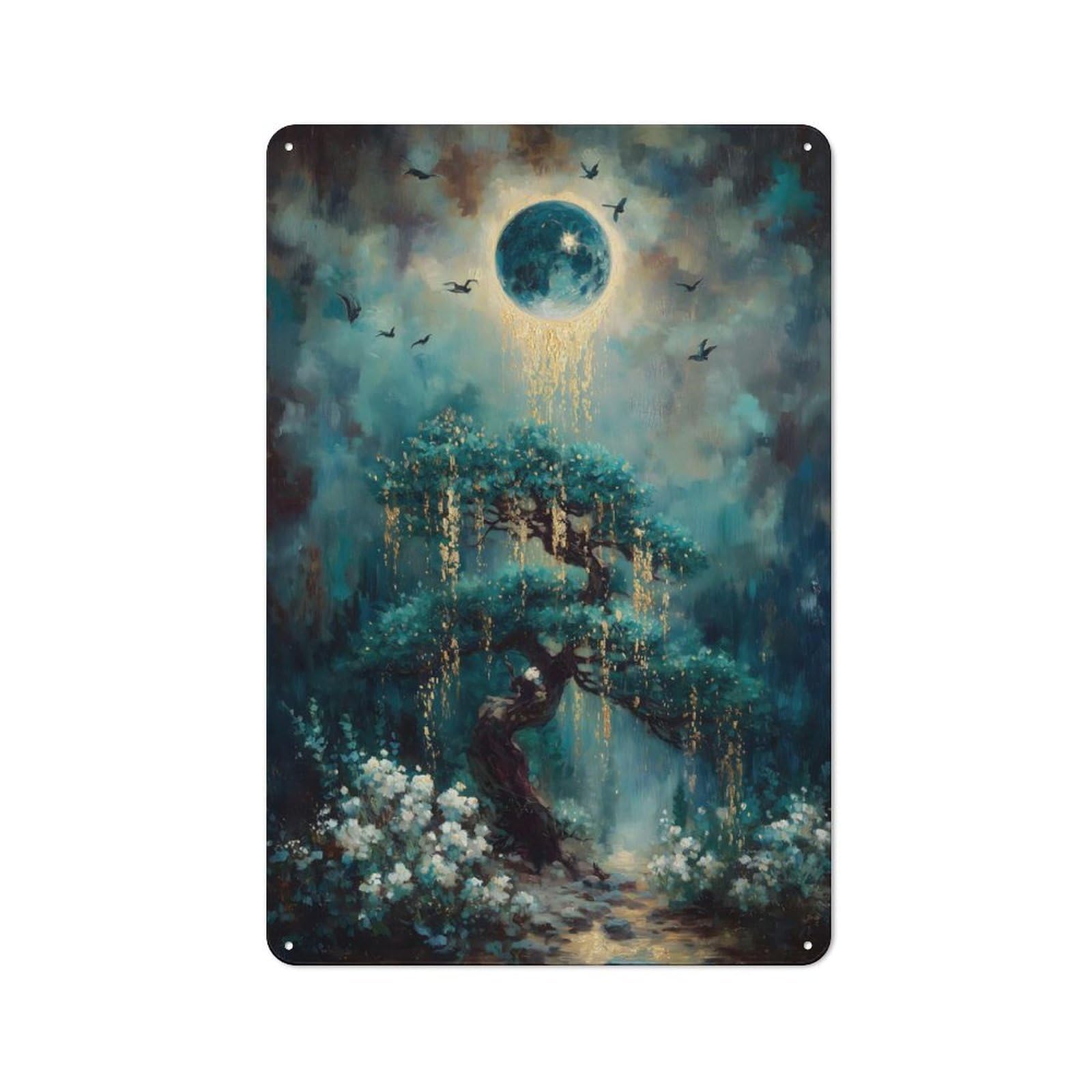 Junmoney Mystical Tree Under A Glowing Moon Retro-Style Metal Wall Sign 30X20cm For Pub Or Café, A New Home Present For Hospitality Wall Decor Collectors