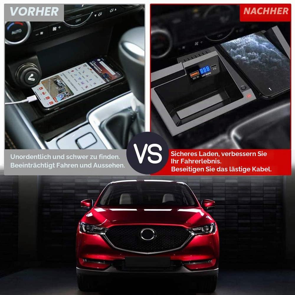 Upgrade Kabelloses Ladegerät Auto für Mazda CX5 2017 2018 2019 2020 2021, 15W Qi Wireless Schnell-ladegerät mit QC3.0 USB und 18W PD für iPhone 12/11/XS/X/8 Samsung S20/S10/S9 Qi-Telefo