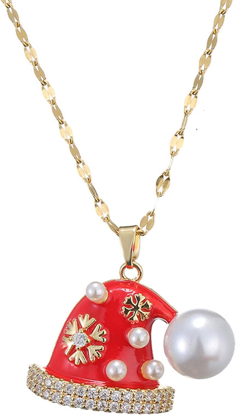 Red Christmas Necklace for Women Cute Christmas Hat Pearl Necklace Crystal Tree Pendant Necklace, New Year's Birthday Jewelry