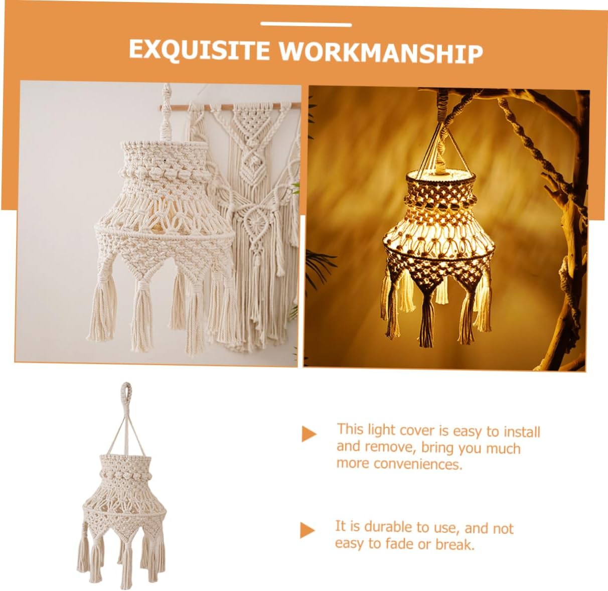 PRETYZOOM Bohemian Macrame Hanging Lamp Shade E27 Nordic Pendant Light Cover Handmade Ceiling Light Shade for Bedroom Living Room and Bathroom Decor