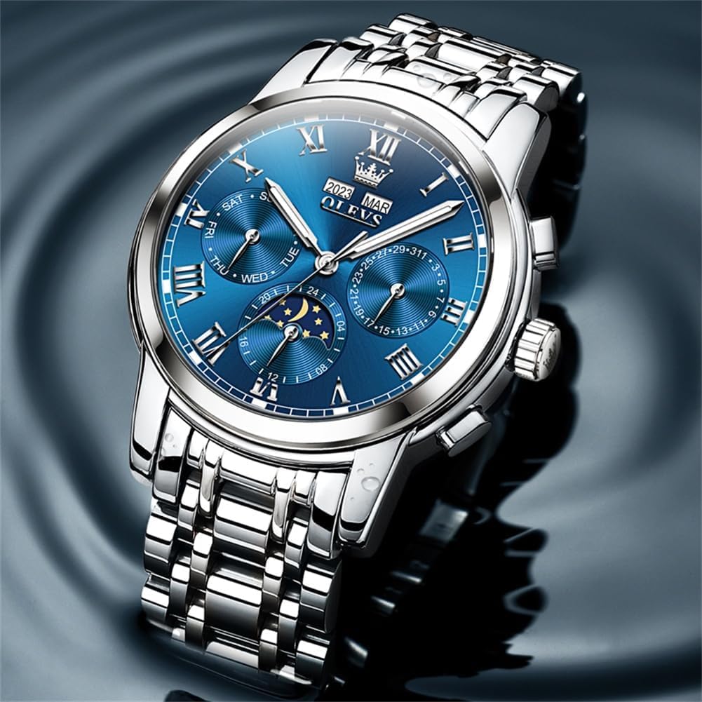 OLEVS Mens Automatic Watch Mechanical Self Winding Luxury Business Dress Moon Phase Stainless Steel Calendar Wrist Watches for Men Waterproof Luminous - Image 3