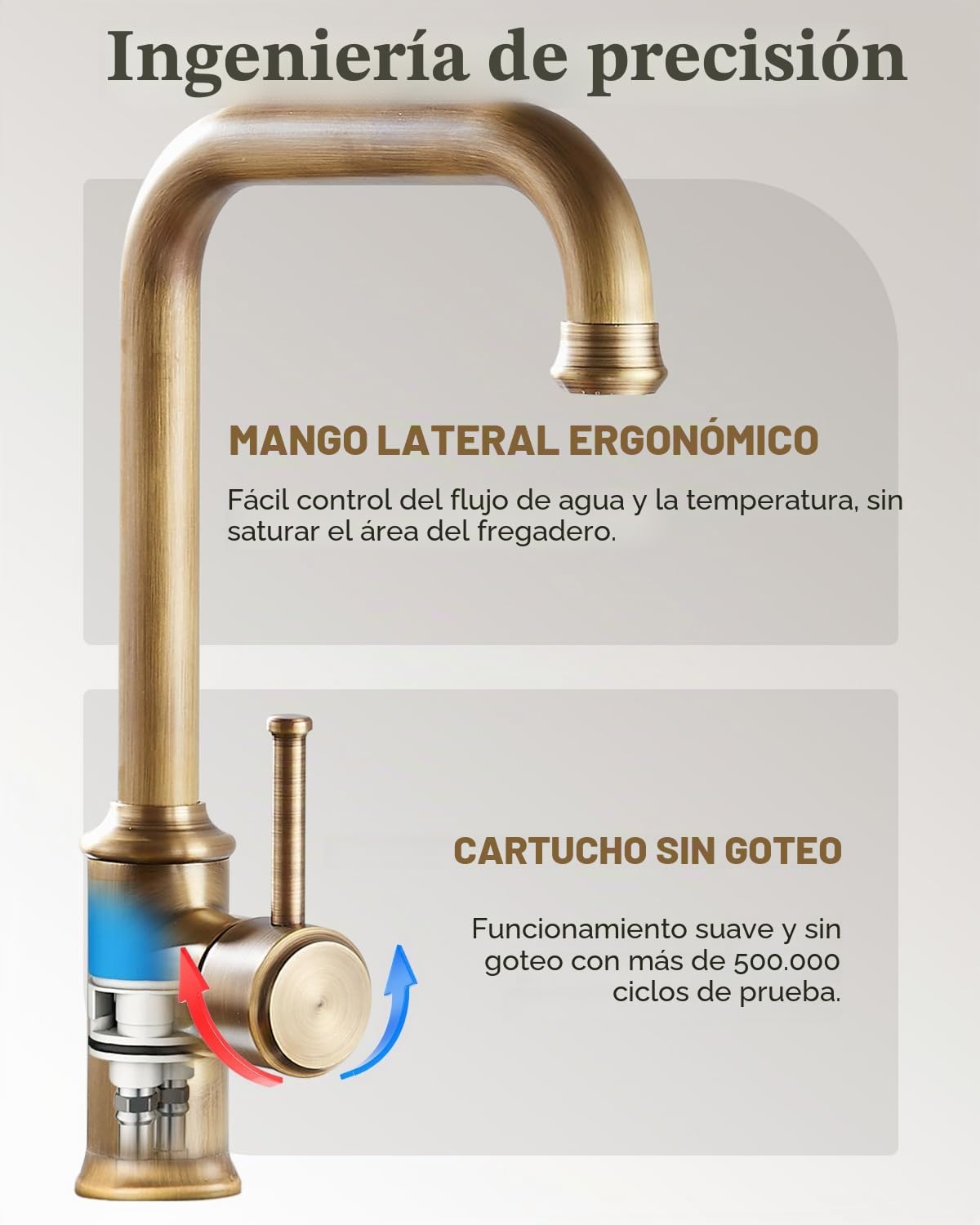 Grifo de cocina, grifo de cocina, con pico alto giratorio de 360 °, latón antiguo