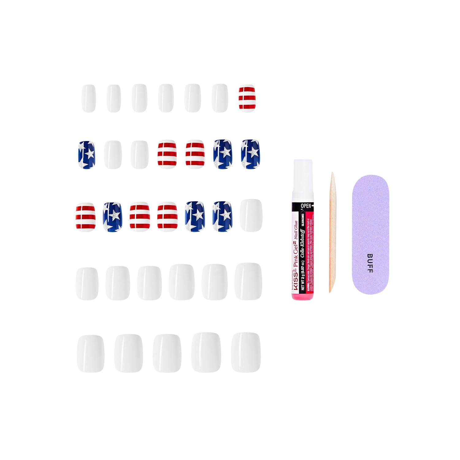 Kiss Core, Press On Nails, Nail glue included, 'Melody In Motion', Multicolor, Short Size, Squoval Shape, Includes 32 Nails, 2g Glue, 1 Manicure Stick, 1 Mini File