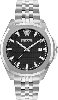 Versace Luxury Collection Luxury Mens Watch Timepieces with a Silver Bracelet Featuring a Stainless Steel Case and a Black Dial