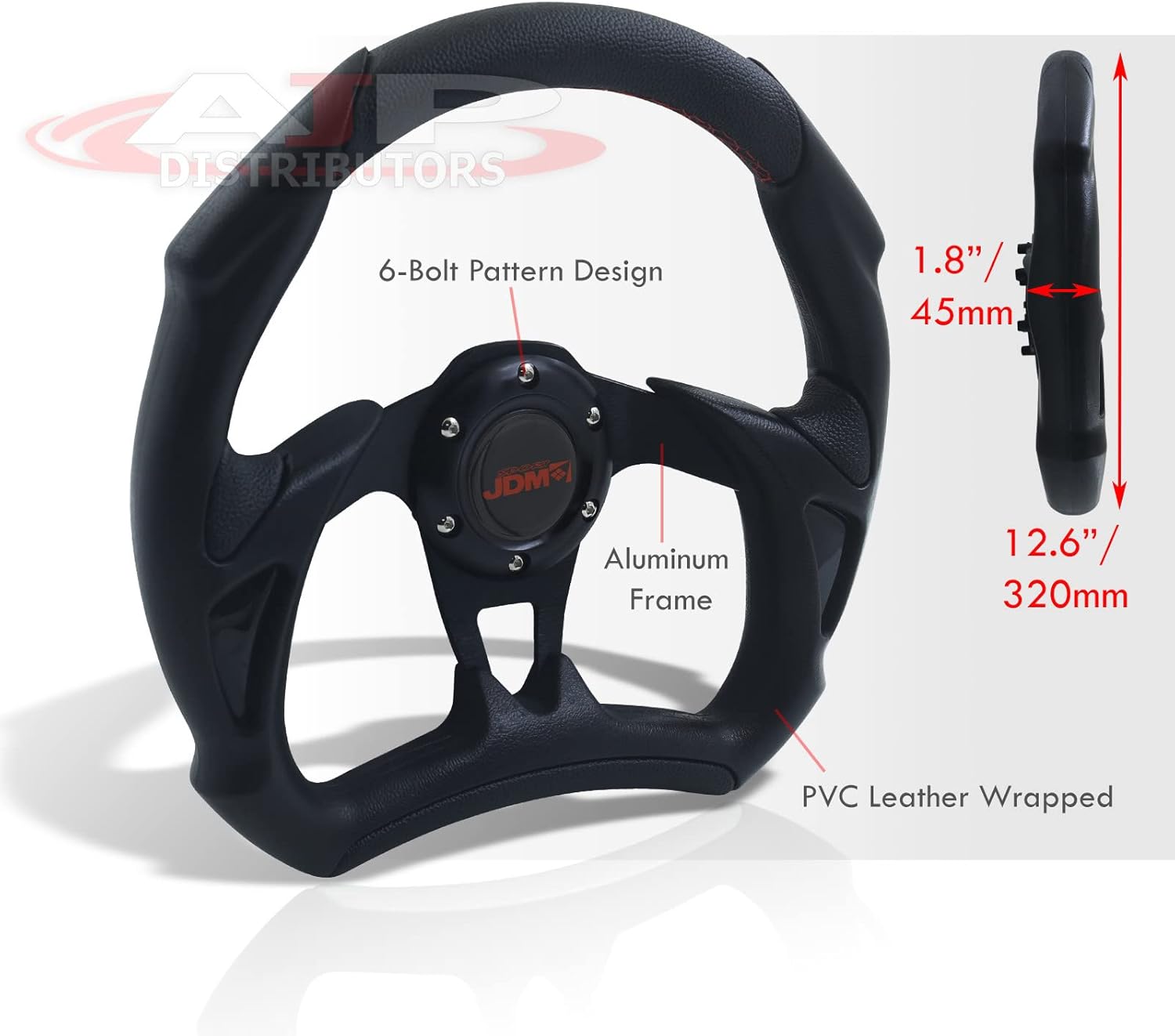 AJP Distributors JDM Sport Universal 320mm 13" 6 Bolt Hole Flat Bottom Steering Wheel D-Shape Black PVC Leather Light Weight Aluminum 3 Spoke + Horn Button Replacement Track Drift