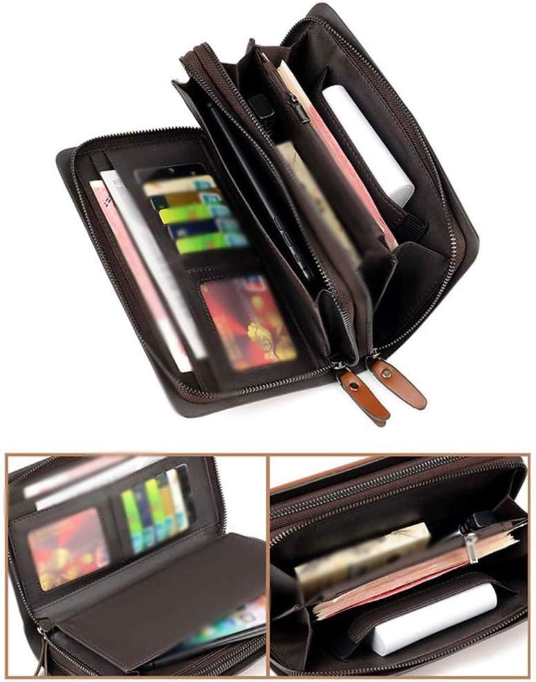 Brown Men's Clutch，Leather Bag Handbag Organizer Checkbook Wallet Card Case with Zipper Wristlet