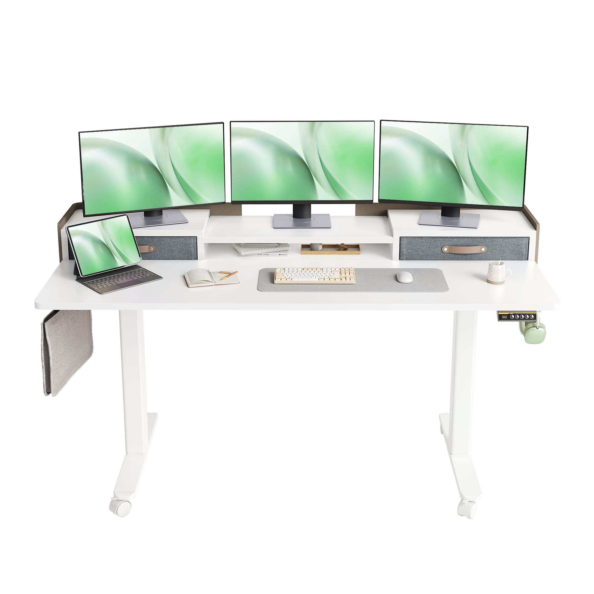 Claiks Standing Desk with Drawers, Adjustable Stand Up Electric Standing Desk Adjustable Height with Storage Shelf and Splice Board, 63 Inch, White