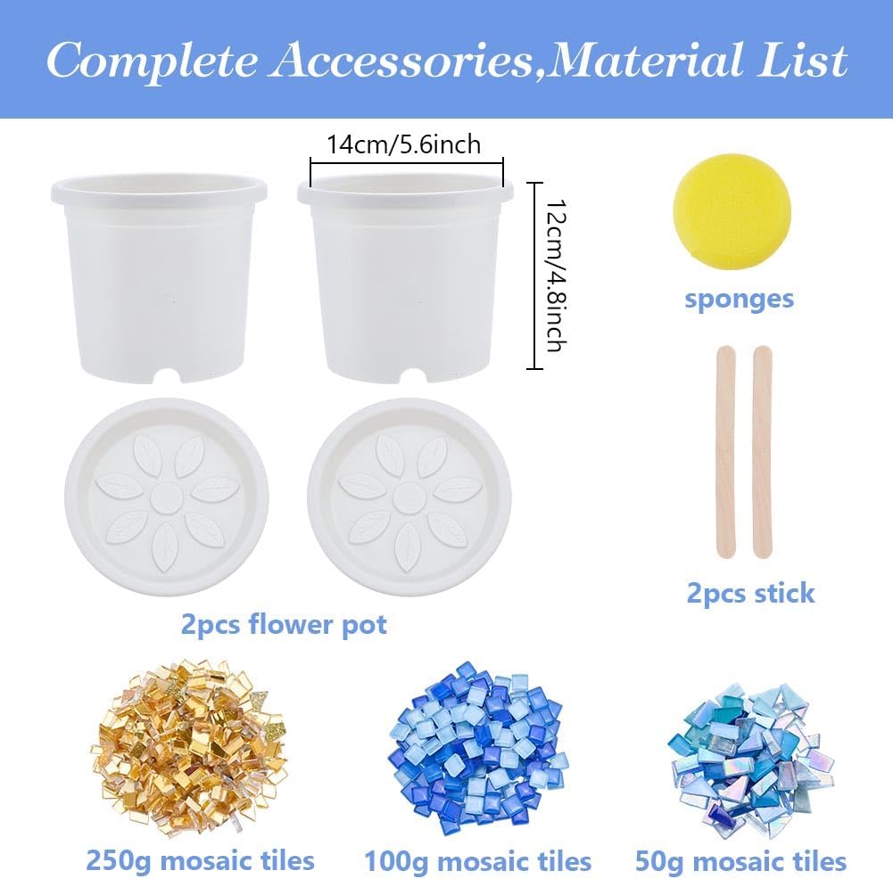 WEBEEDY 2 Sets Mosaic Tile DIY Kit for Adults, Flowerpot Vase Planter DIY Easy Mosaic Making Kit with Instruction for Beginners Handmade Home Decor Housewarming Christmas Birthday Gift