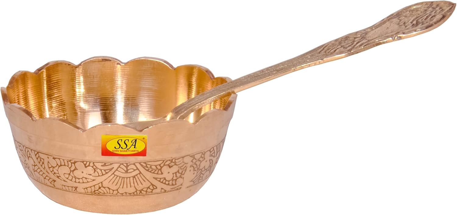SHIV SHAKTI ARTS ® Heavy Gauge Pure Brass Embossed Karvi Etching Design Bhog Bowl with Spoon Set - (50 ml)