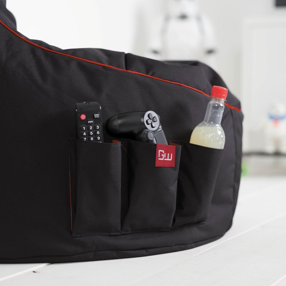 Gamewarez Crimson Thunder 2.0 Bundle – Set aus Gaming-Hocker und Gaming-Sitzsack, mit Seitentasche & Headset-Halter, Made in Germany, schwarz-rot