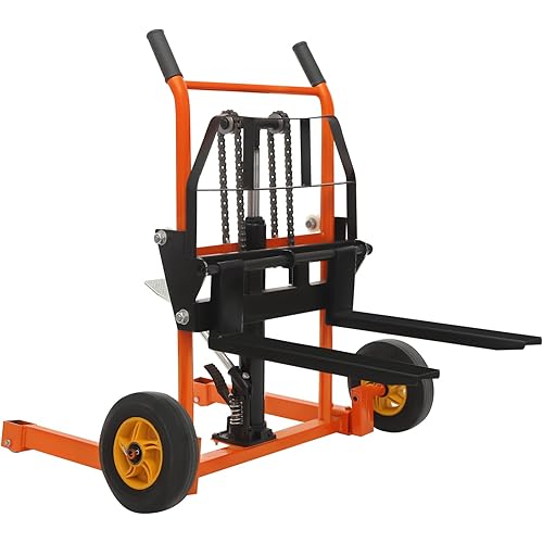 441Lbs Capacity Heavy-Duty Hydraulic Material Lift Winch Stacker, Adjustable Fork Pallet Jack Trolley with Casters & Removable Steel Plate for Warehouses Workshops Construction Sites
