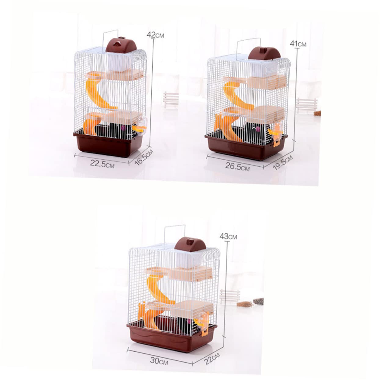 Dreistöckiger Hamsterkäfig Luxus Villa Käfig mit DREI Ebenen | Kaffeefarbene Ausführung, Pp und Eisendraht, 23x17x45cm, Laufrad und Auslaufsichere Trinkflasche