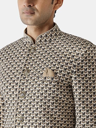 Image of KISAH Men's Indo-Western Sherwani, Peach Cotton Blend, Foil Print Regular Fit Mandarin Collar Long Sleeves