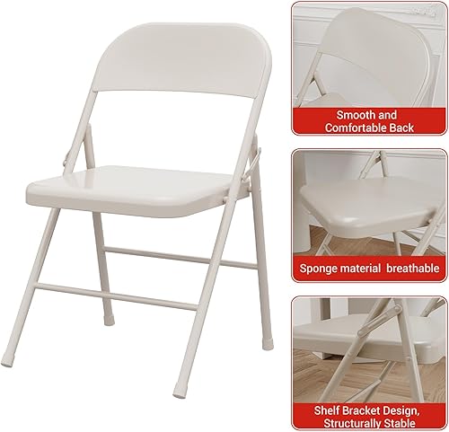 Miniatura 7 de Silla plegable beige, sillas plegables apilables de metal resistente con doble apoyo, silla plegable portátil para oficina, boda, fiesta, juego de