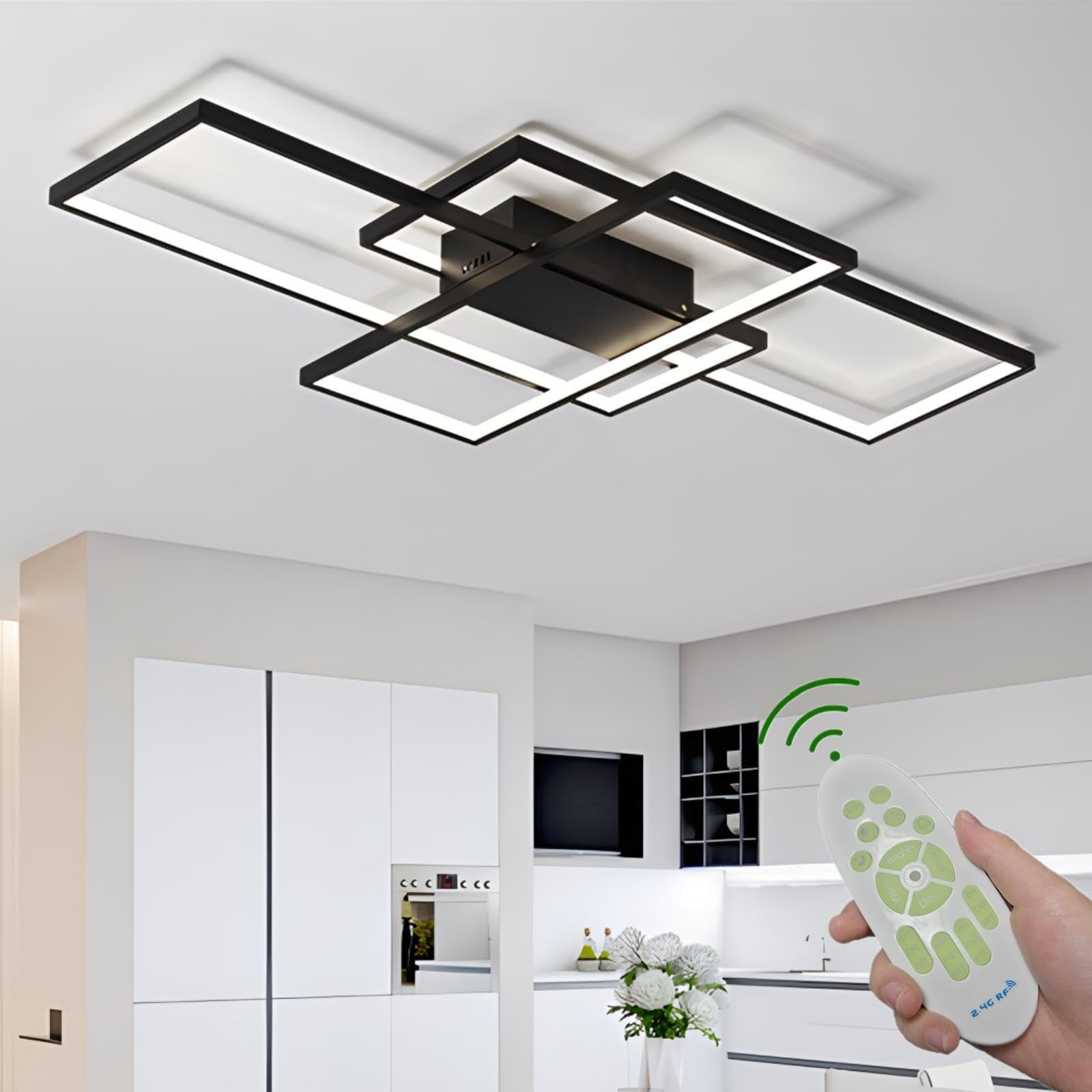 AzoeieiK LED Ceiling Light, 110CM 65W Modern Dimmable Ceiling Lighting, 2700-6500K Black Square Ceiling Lamp Fixture with Remote Control for Living Room Dining Room Bedroom Kitchen (Black, 110CM)