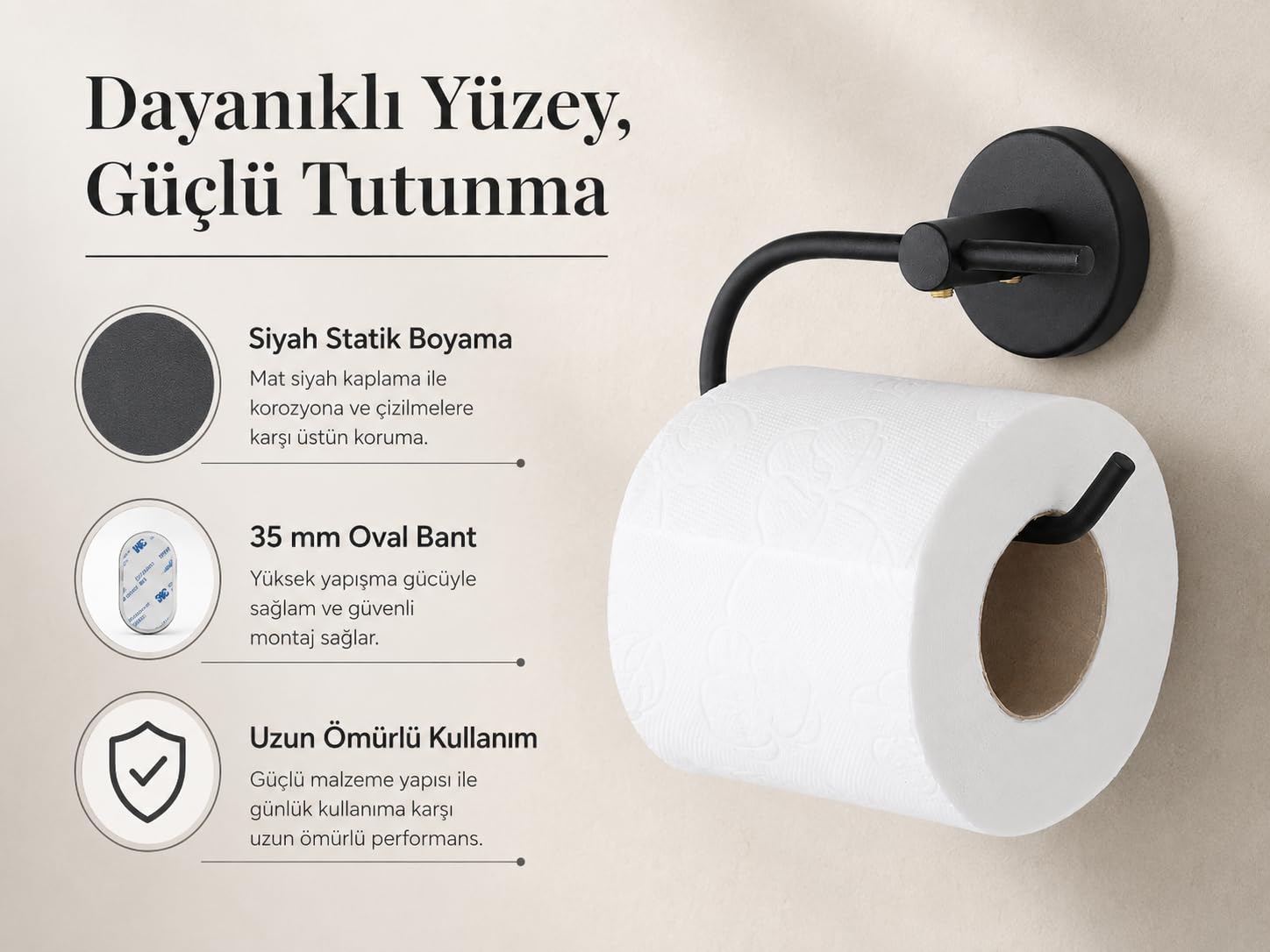 Lotus Siyah Açık Tuvalet Kağıtlığı, Yapışkanlı ve Vidalı Montajlı Tuvalet Kağıdı Askısı, Mat Siyah Statik Boyama, 35 mm Oval Bantlı Banyo Aksesuarı