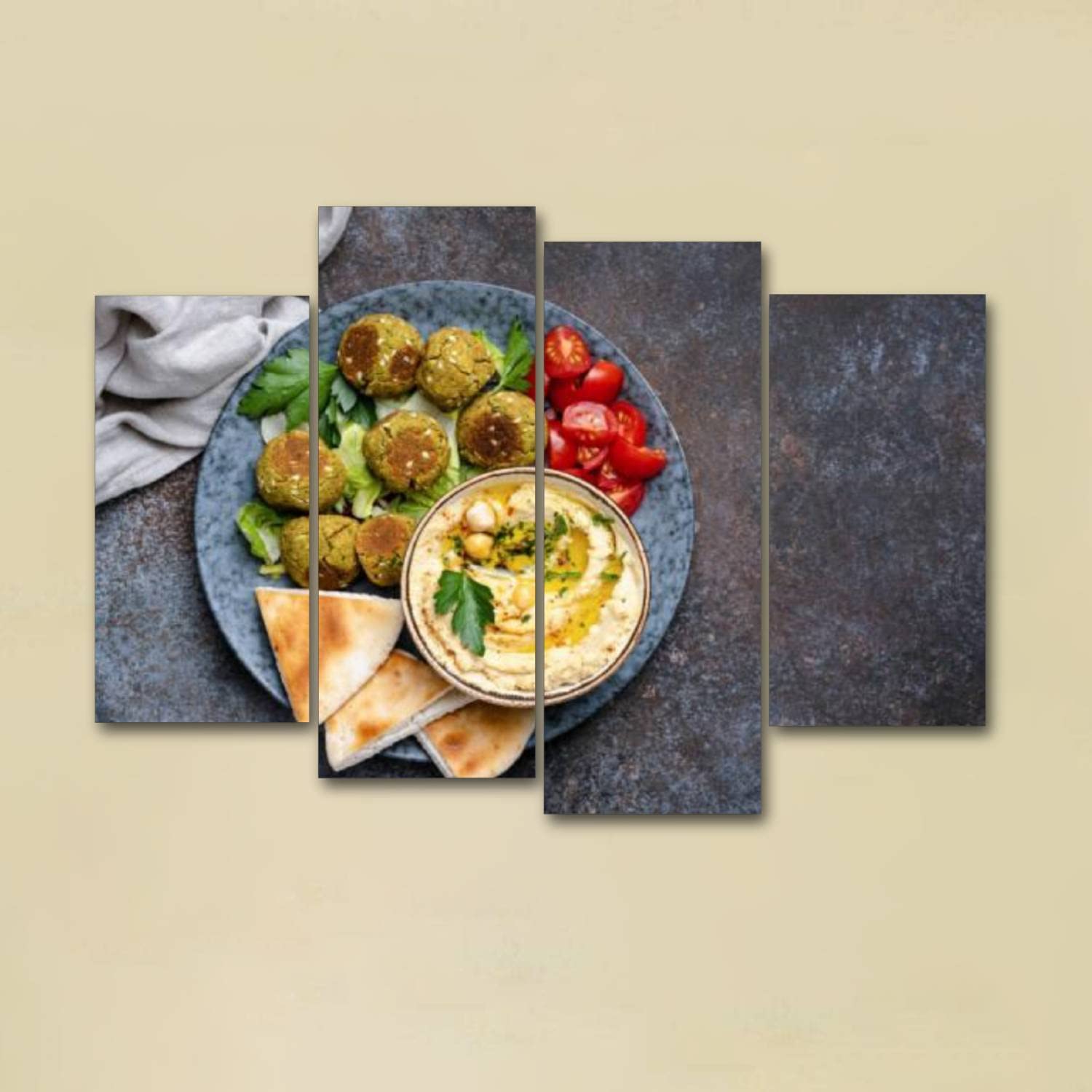 quetas artwork Canvas Print Chickpea hummus with falafel and pita bread Wall Art Pictures Framed Digital Print Abstract Painting Room Home Office Decor Ready to Hang - 4 Panel