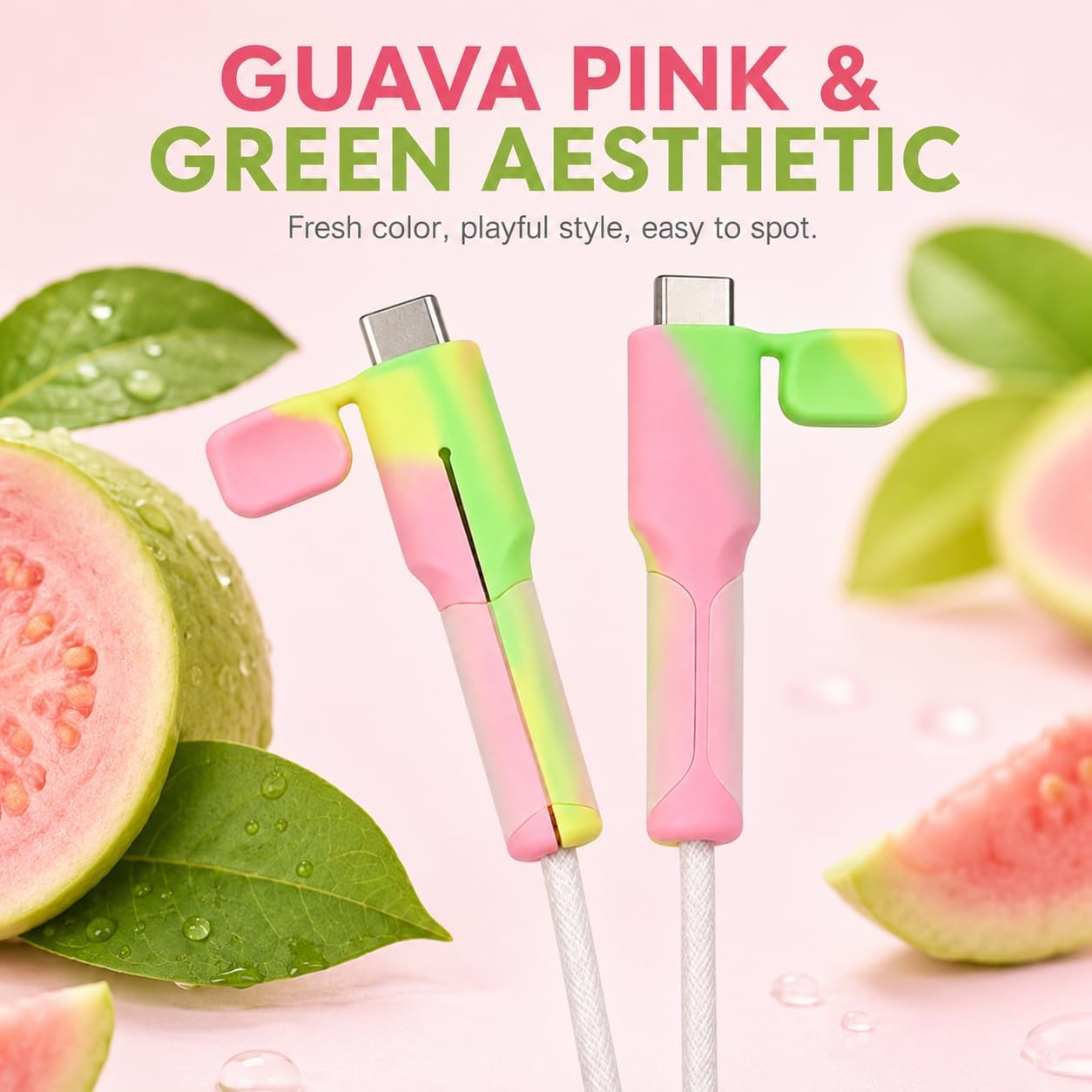 2PCS Charger Cable Protector Guava Pink & Green - 2026 Upgrade Silicone Non-Slip Cord Saver Compatible with Lightning & USB-C Type-C Cables, 2-in-1 Dustproof Wire Organizer and Protection